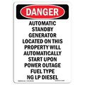 Signmission Safety Sign, OSHA Danger, 24" Height, Rigid Plastic, Automatic Standby Generator Located, Portrait OS-DS-P-1824-V-1947